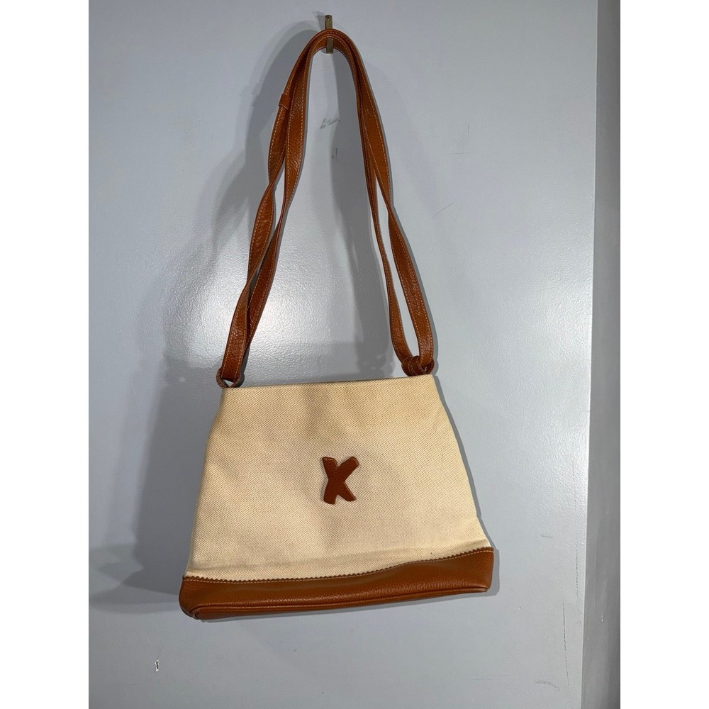 Vintage Paloma Picasso Cream Canvas & Brown Leather Crossbody Bag X Logo